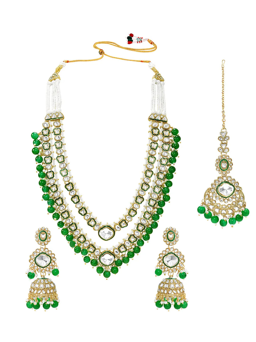 Gold Plated Green Kundan Layered Bridal Set
