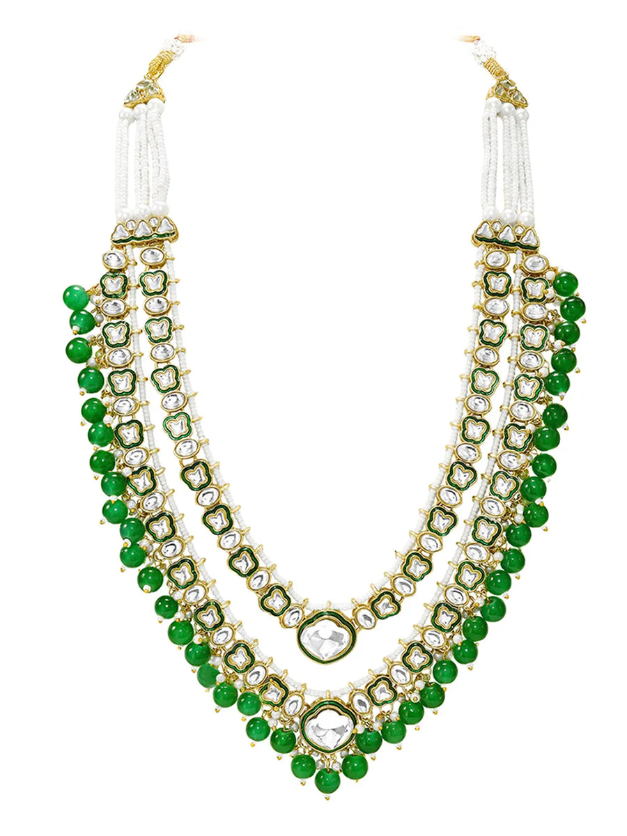 Gold Plated Green Kundan Layered Bridal Set