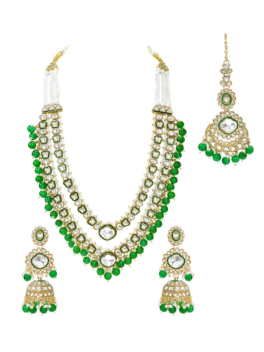 Gold Plated Green Kundan Layered Bridal Set