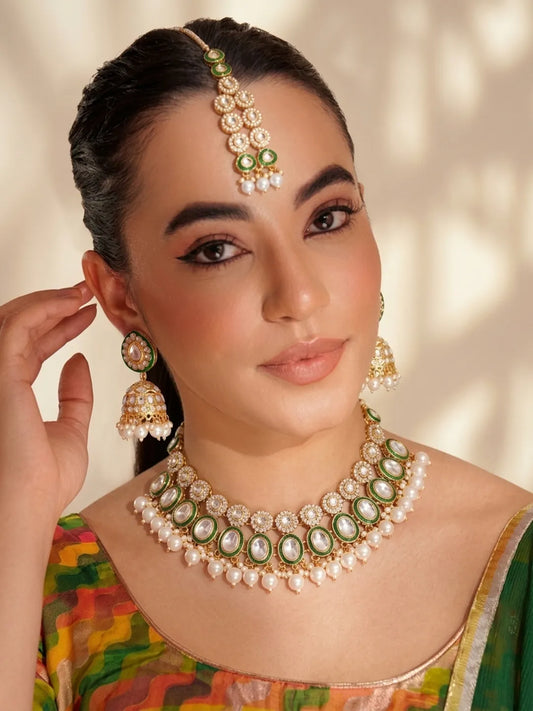 Gold Plated Green Kundan Wedding Set