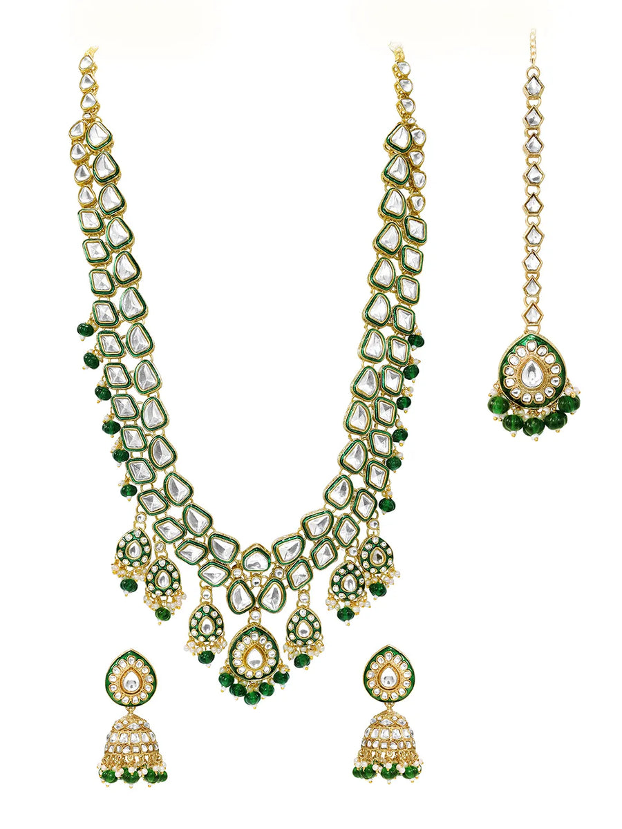 Gold Plated Green Kundan Layered Necklace Set