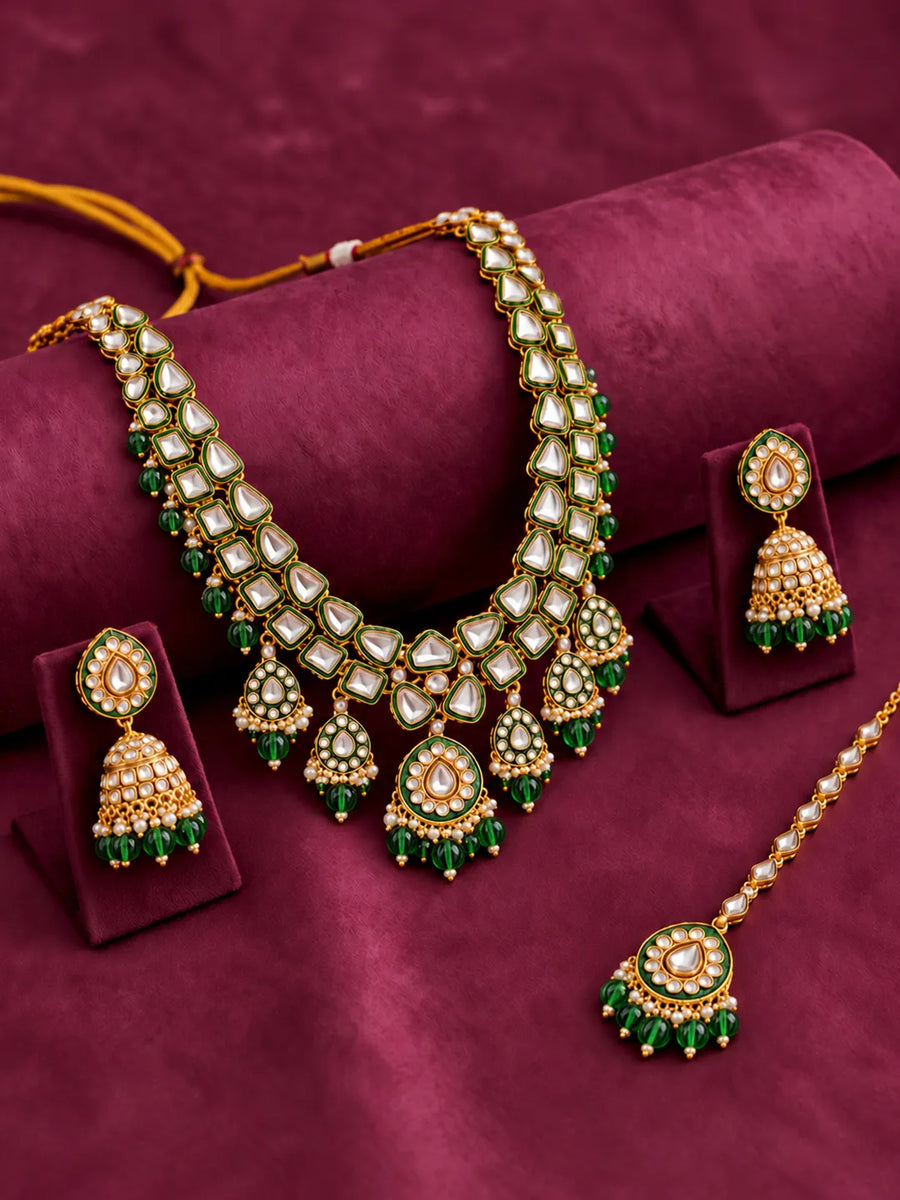 Gold Plated Green Kundan Layered Necklace Set