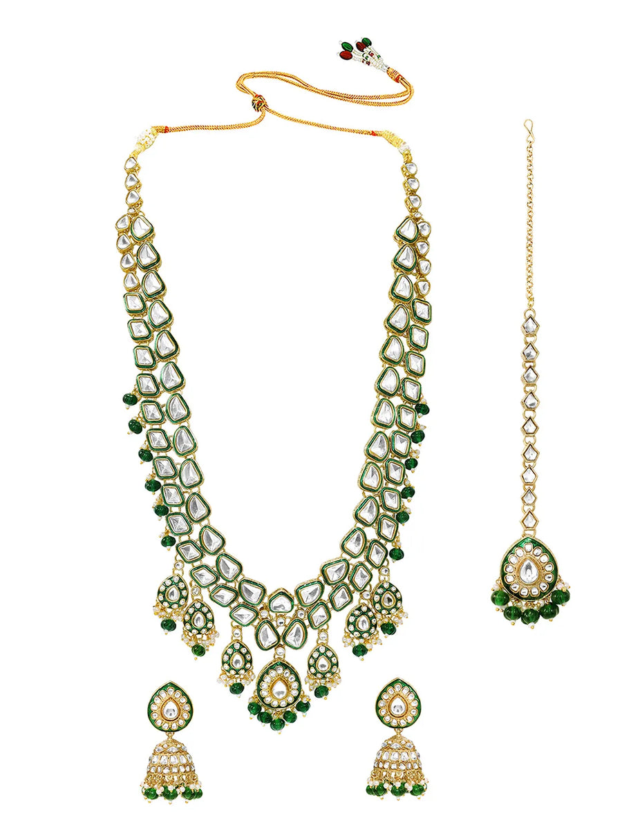 Gold Plated Green Kundan Layered Necklace Set