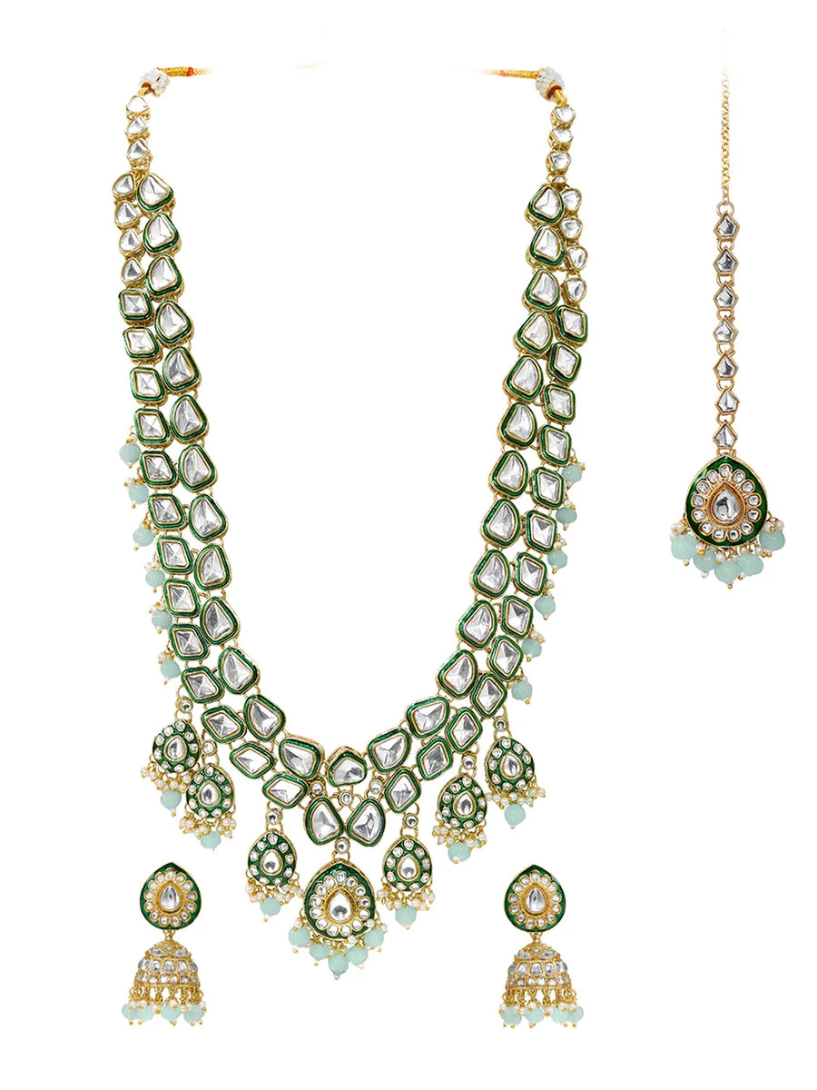 Gold Plated Mint Kundan Layered Bridal Set