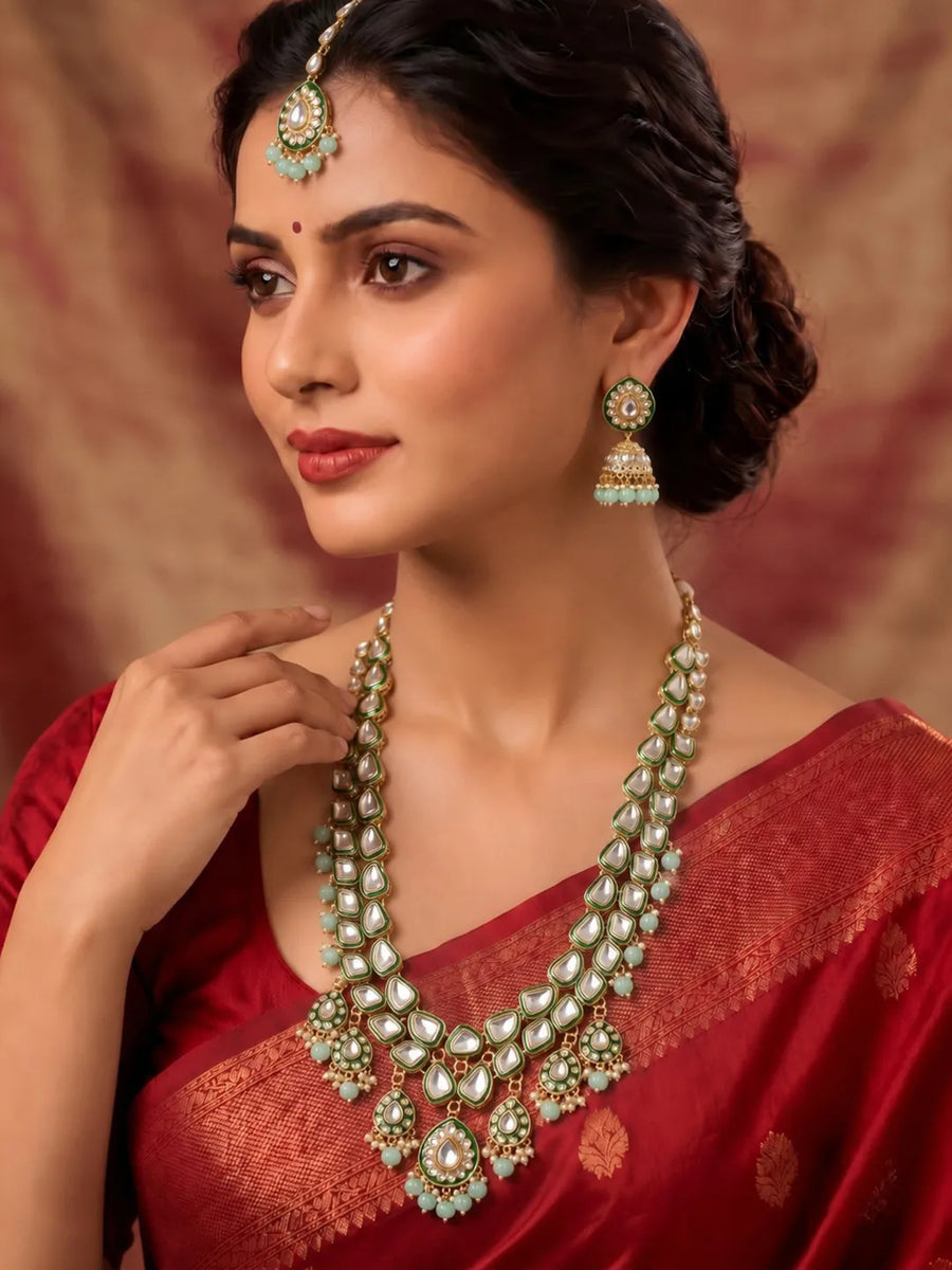 Gold Plated Mint Kundan Layered Bridal Set