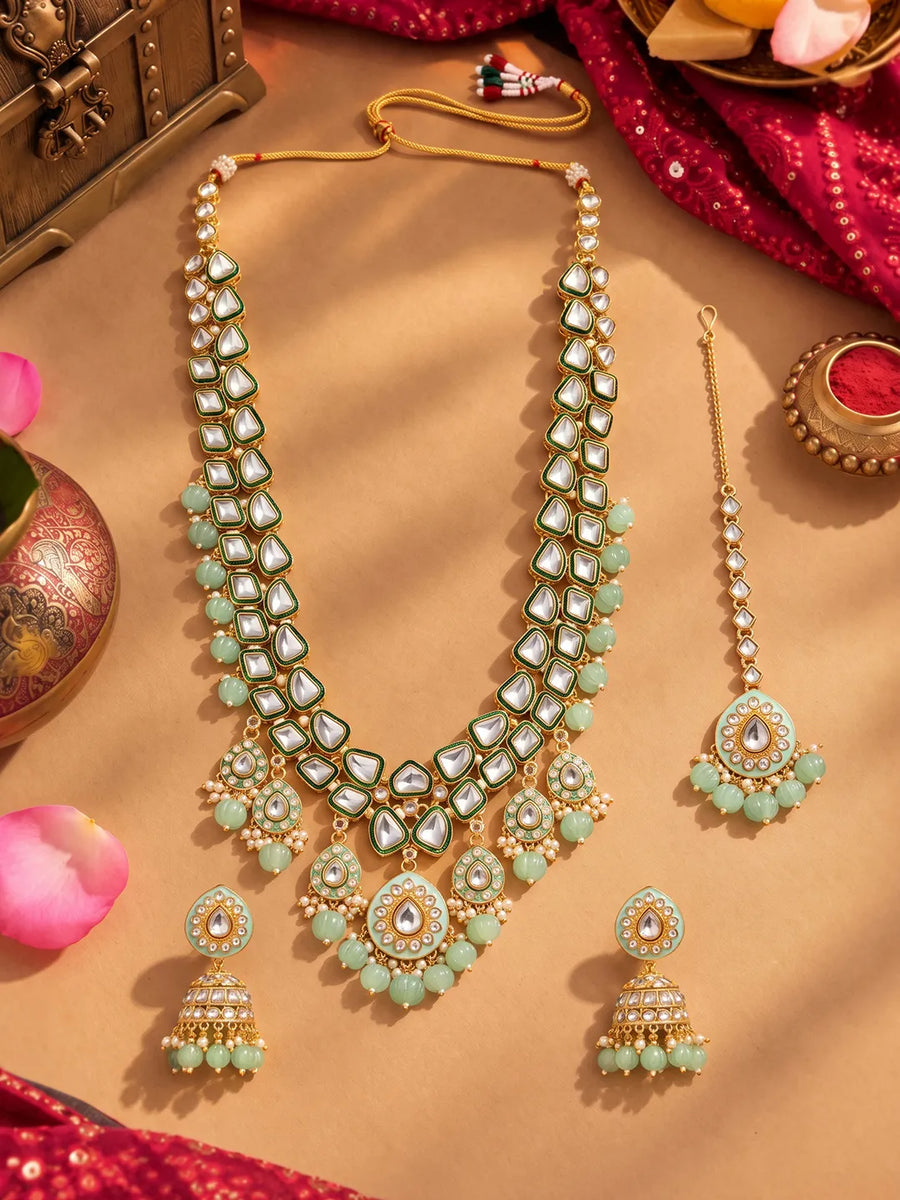 Gold Plated Mint Kundan Layered Bridal Set