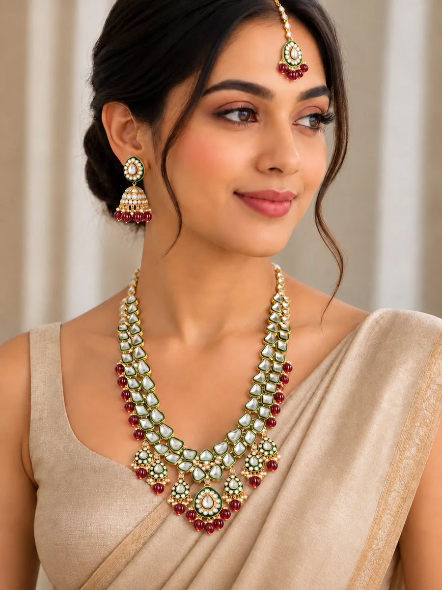 Gold Plated Green Kundan Heritage Necklace Set