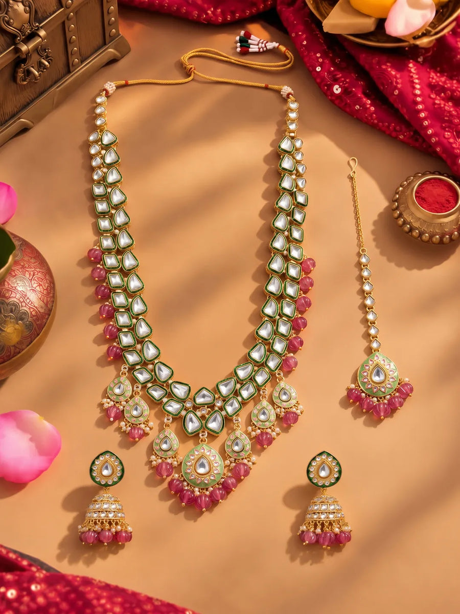 Gold Plated Green Kundan Purple Bead Necklace Set