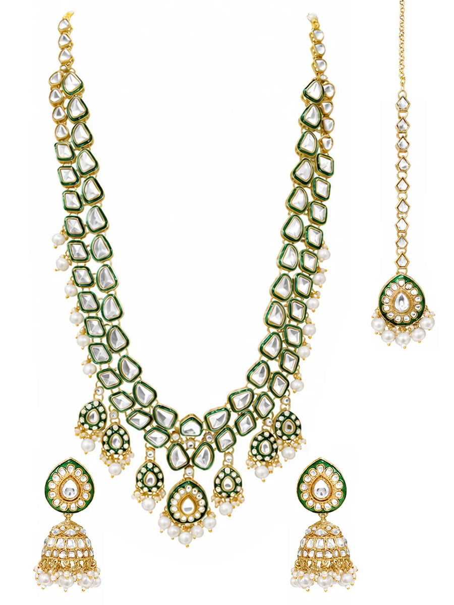 Gold Plated Green Kundan Bridal Jewellery Set