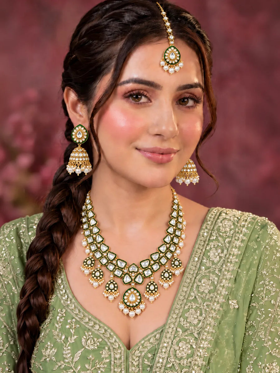 Gold Plated Green Kundan Bridal Jewellery Set