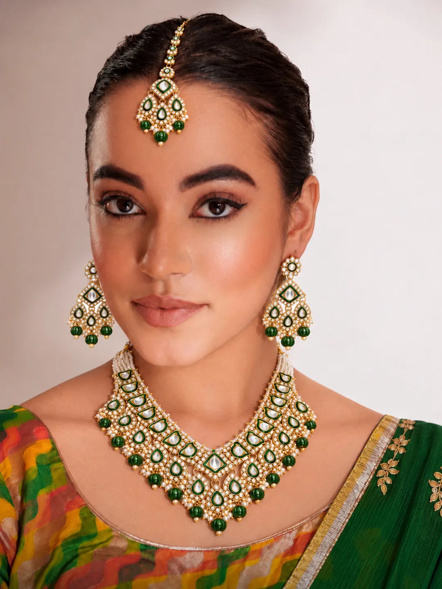 Gold Plated Green Kundan Pearl Bridal Set