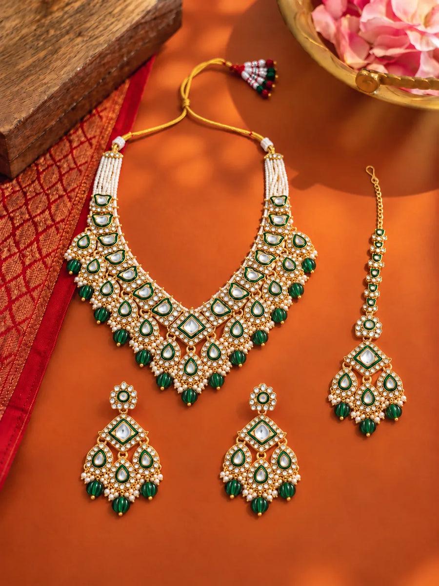 Gold Plated Green Kundan Pearl Bridal Set