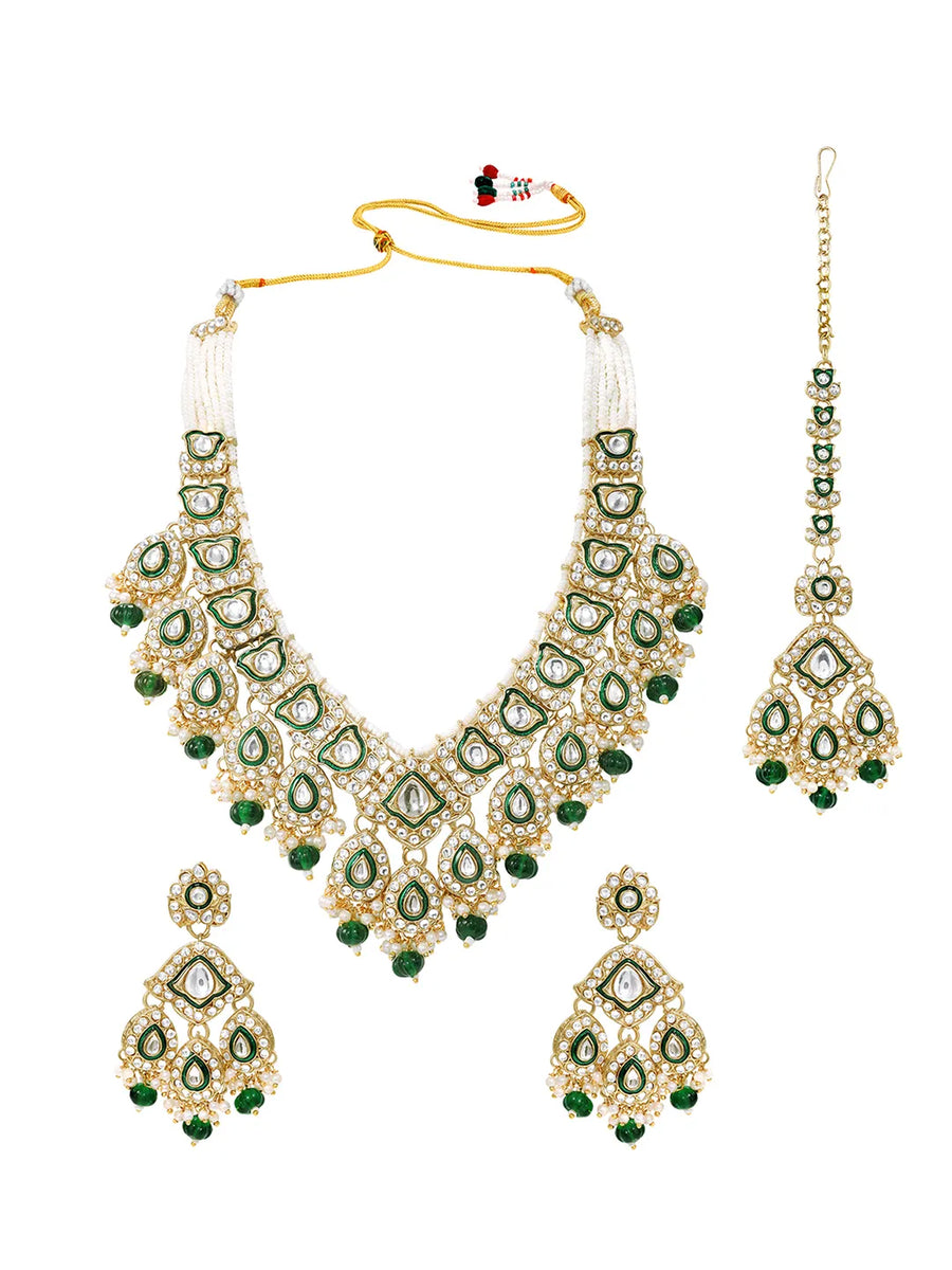 Gold Plated Green Kundan Pearl Bridal Set