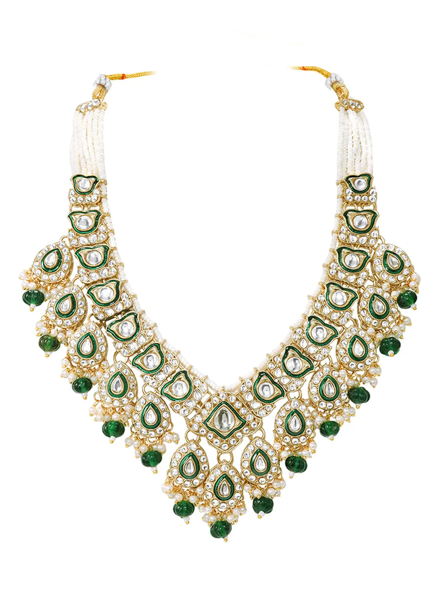 Gold Plated Green Kundan Pearl Bridal Set
