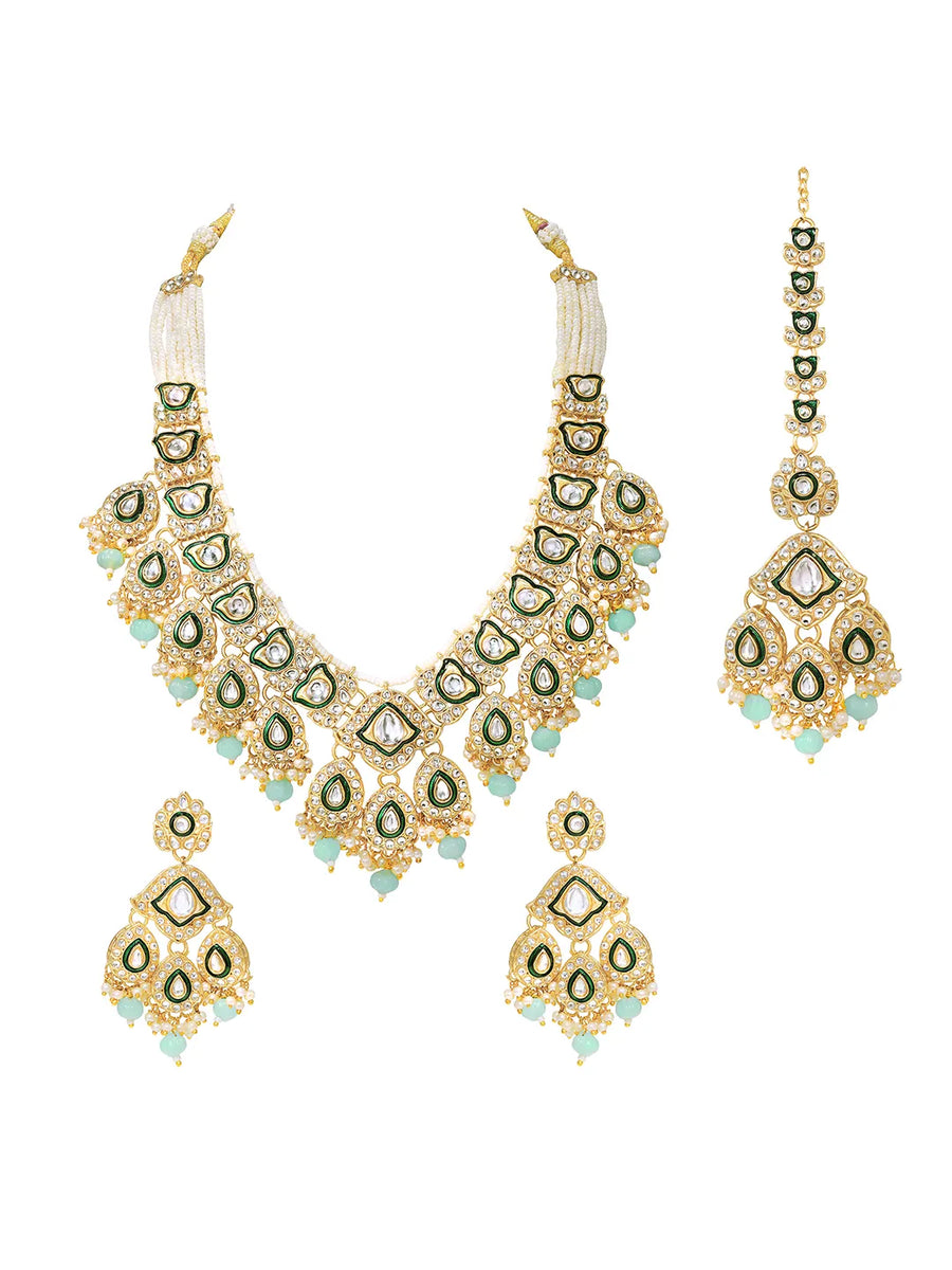 Gold Plated Green Mint Kundan Pearl Bridal Set