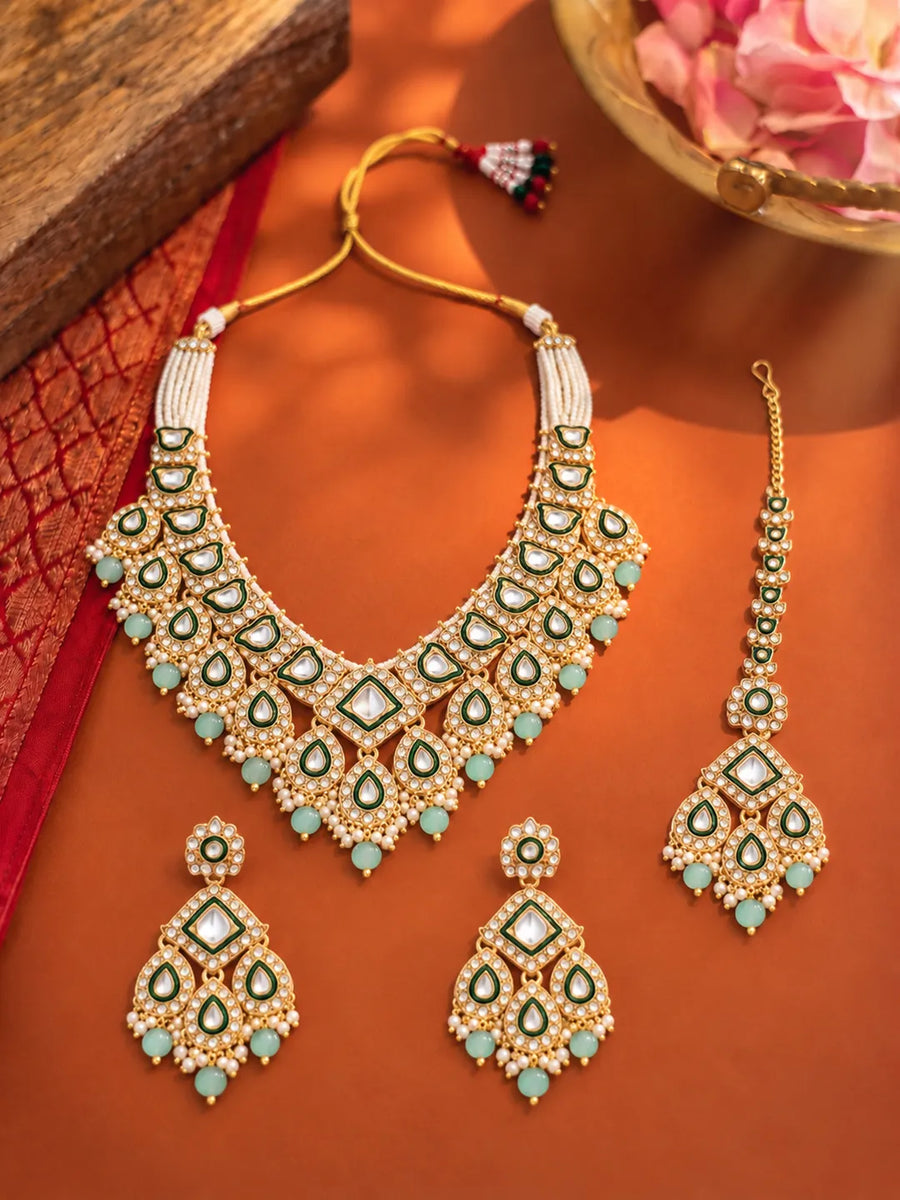 Gold Plated Green Mint Kundan Pearl Bridal Set