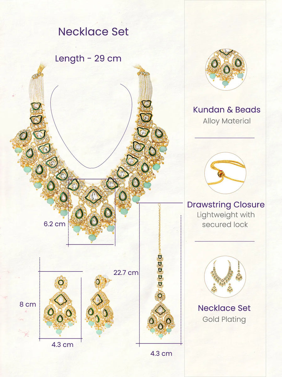 Gold Plated Green Mint Kundan Pearl Bridal Set