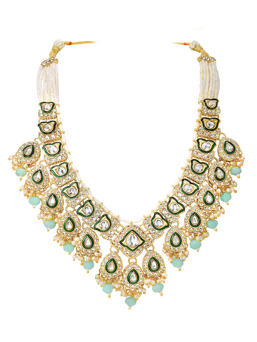 Gold Plated Green Mint Kundan Pearl Bridal Set
