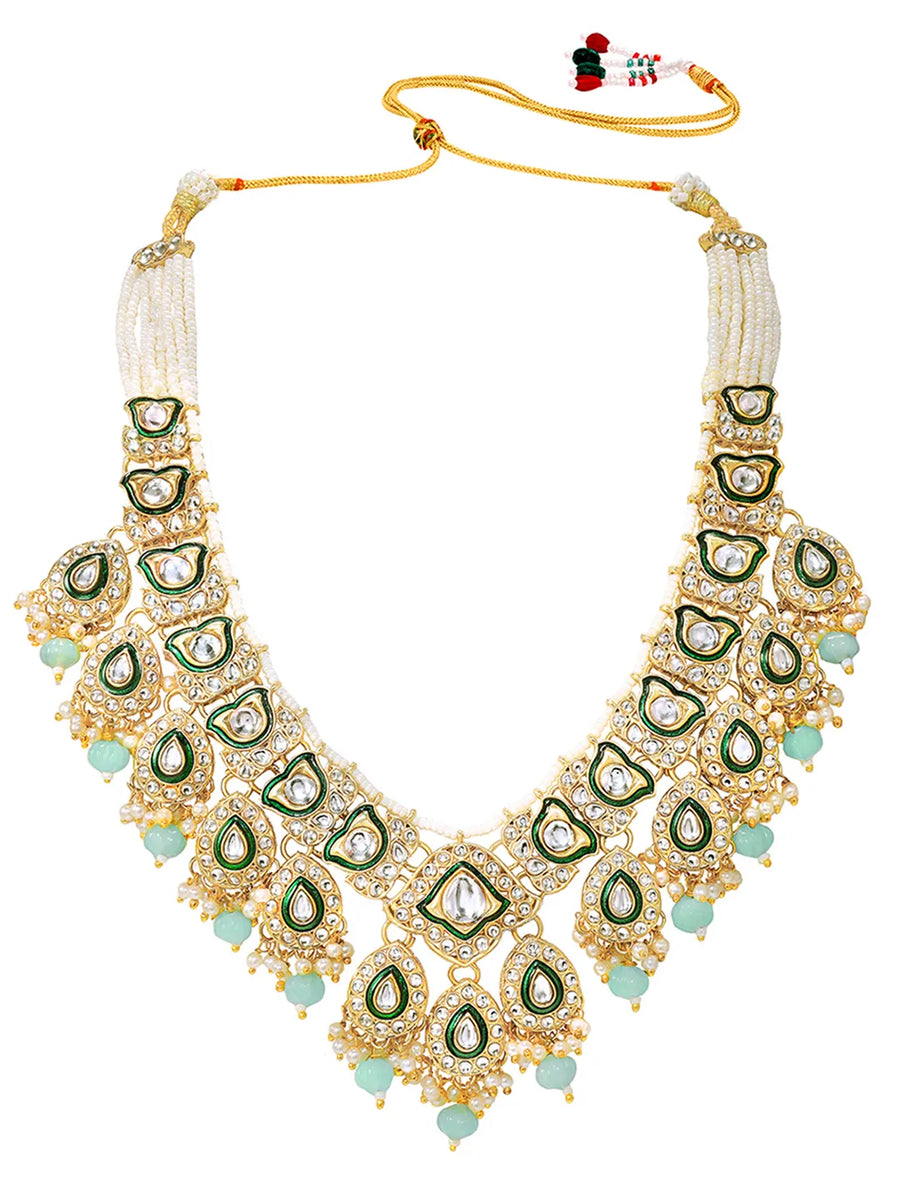 Gold Plated Green Mint Kundan Pearl Bridal Set