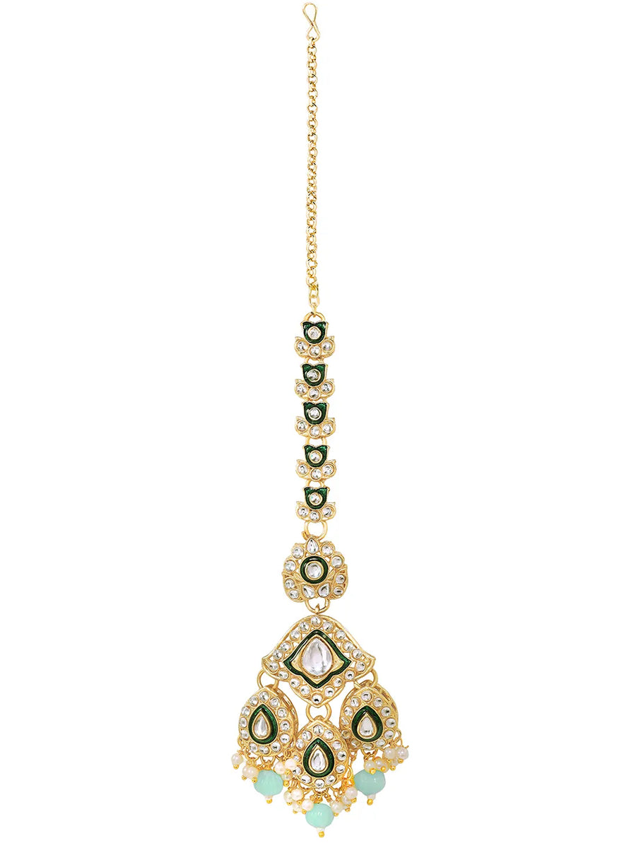 Gold Plated Green Mint Kundan Pearl Bridal Set