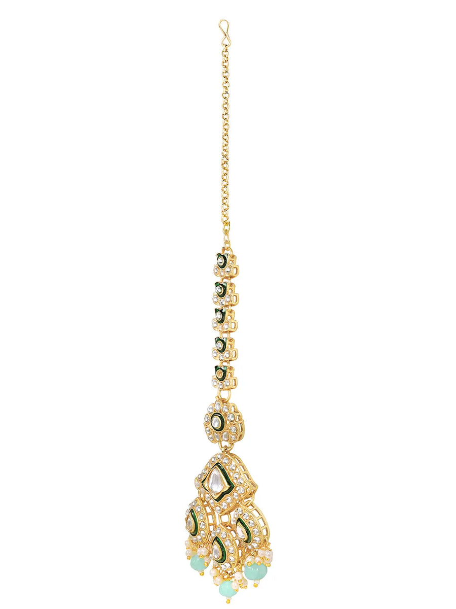 Gold Plated Green Mint Kundan Pearl Bridal Set