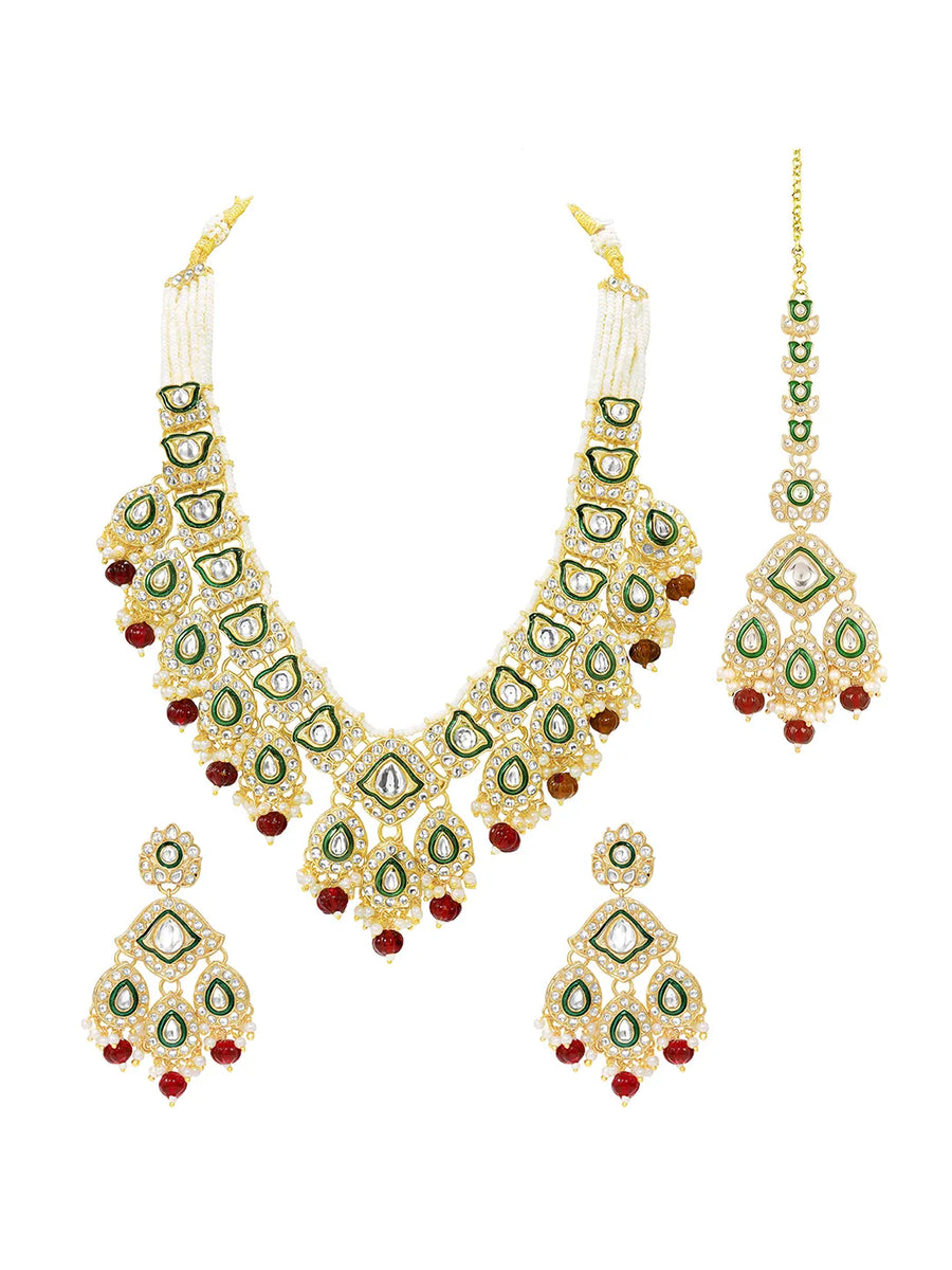 Gold Plated Green Kundan Maroon Bead Bridal Set