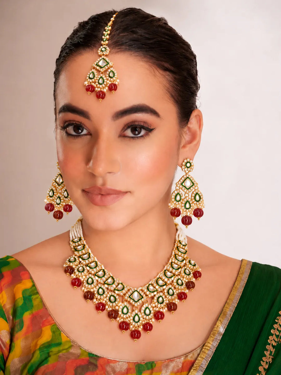 Gold Plated Green Kundan Maroon Bead Bridal Set