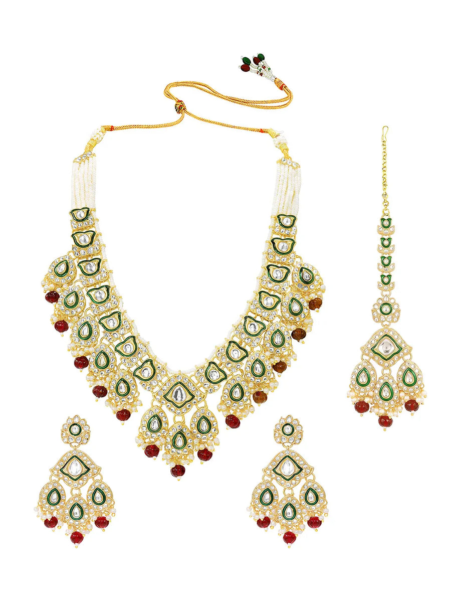 Gold Plated Green Kundan Maroon Bead Bridal Set