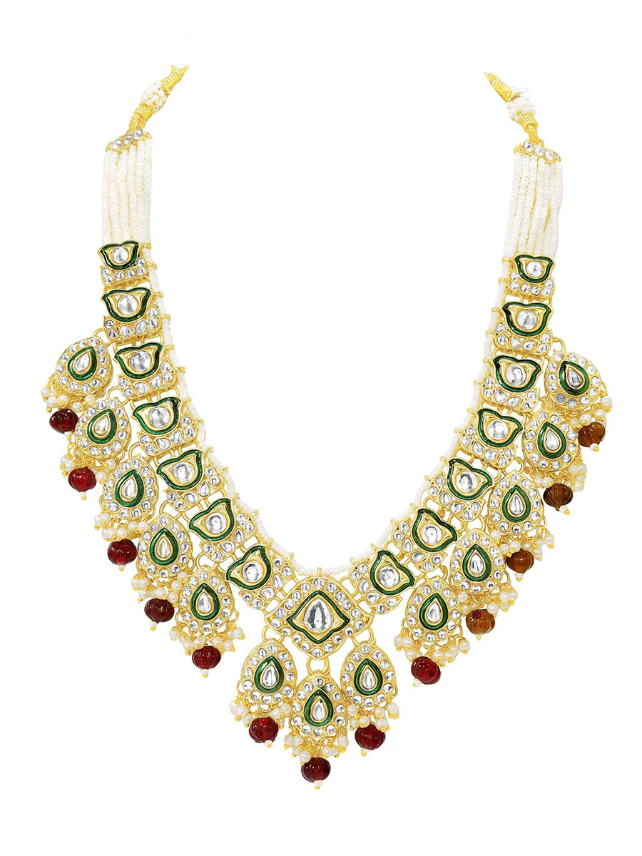 Gold Plated Green Kundan Maroon Bead Bridal Set