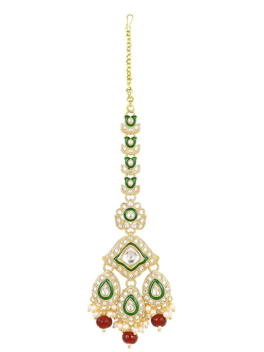 Gold Plated Green Kundan Maroon Bead Bridal Set