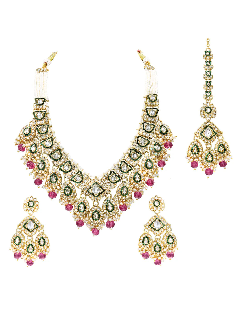 Gold Plated Mint Kundan Pearl Bridal Necklace Set