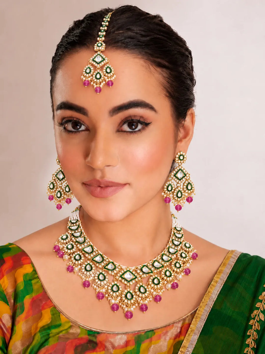 Gold Plated Mint Kundan Pearl Bridal Necklace Set