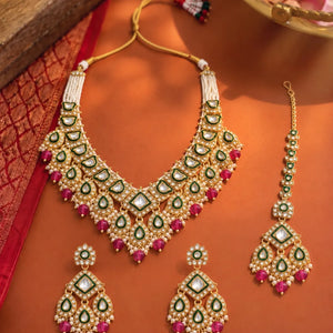 Gold Plated Mint Kundan Pearl Bridal Necklace Set