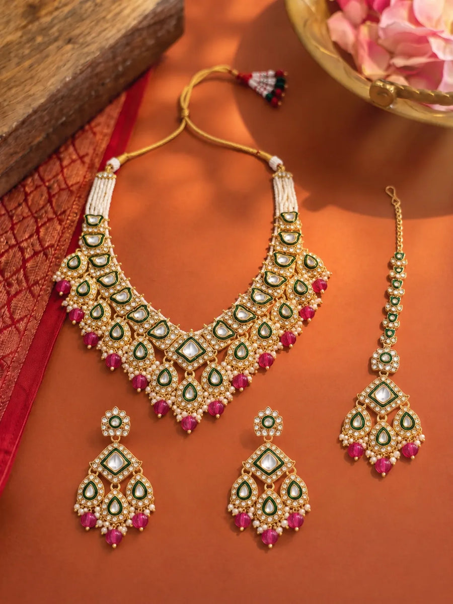 Gold Plated Mint Kundan Pearl Bridal Necklace Set