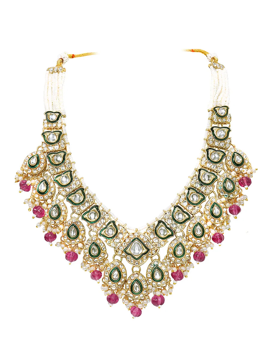 Gold Plated Mint Kundan Pearl Bridal Necklace Set