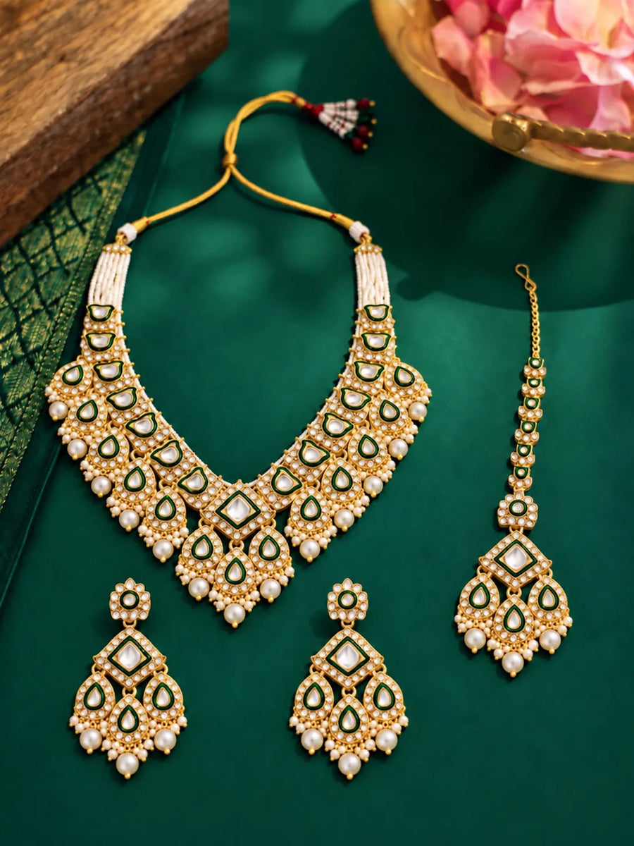 Gold Plated Green White Kundan Pearl Bridal Set
