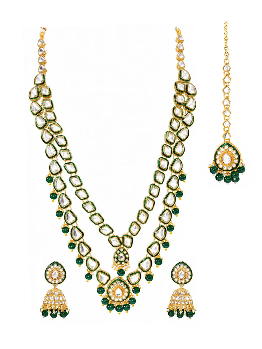 Gold Plated Green Kundan Cascade Necklace Set