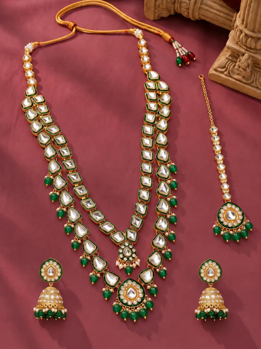 Gold Plated Green Kundan Cascade Necklace Set