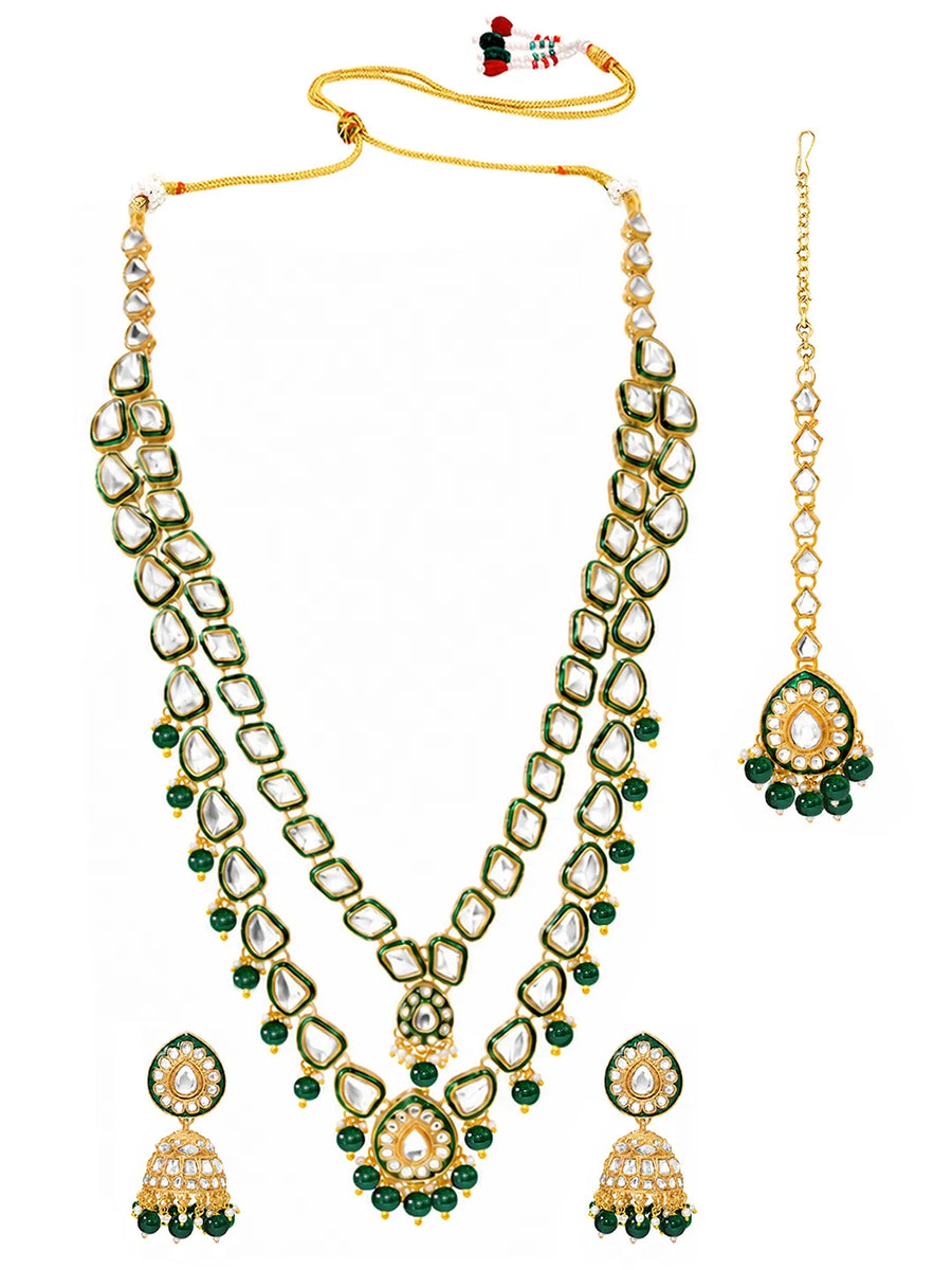 Gold Plated Green Kundan Cascade Necklace Set