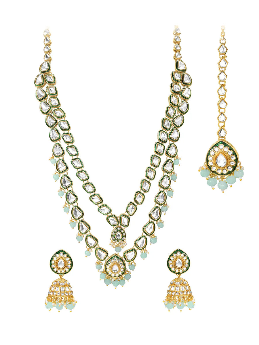 Gold Plated Mint Kundan Layered Necklace Set