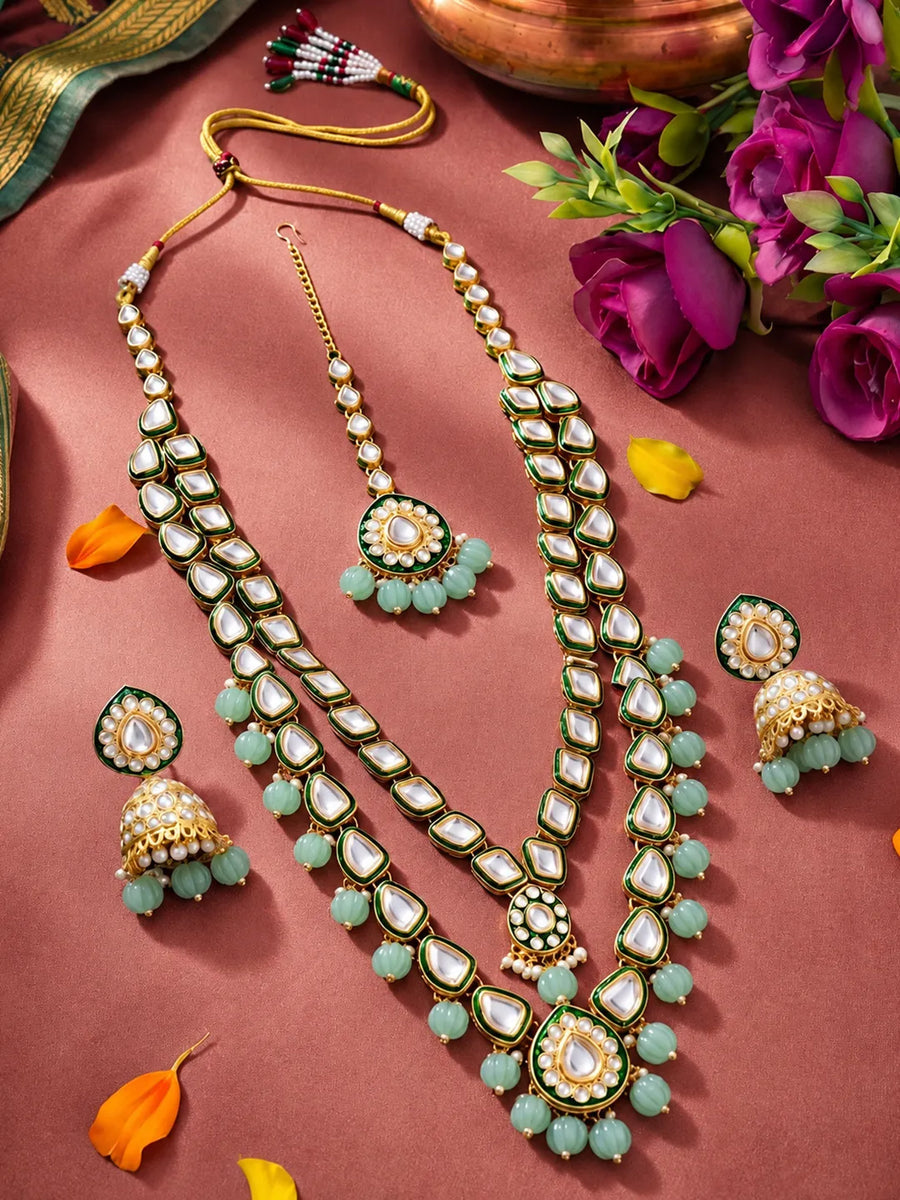 Gold Plated Mint Kundan Layered Necklace Set