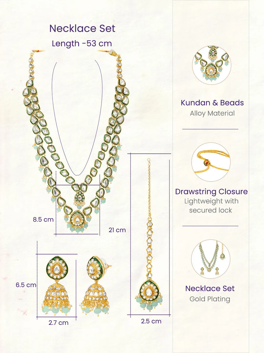 Gold Plated Mint Kundan Layered Necklace Set