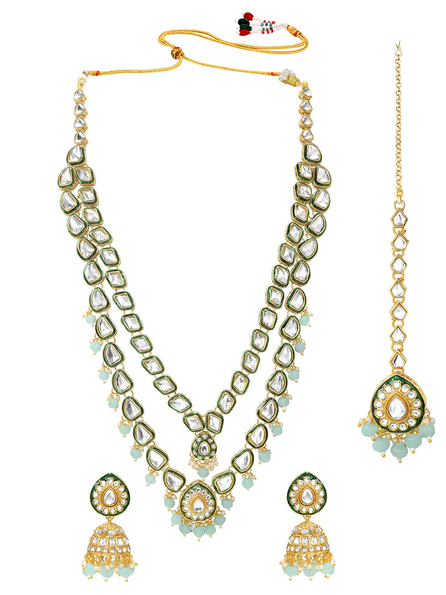 Gold Plated Mint Kundan Layered Necklace Set