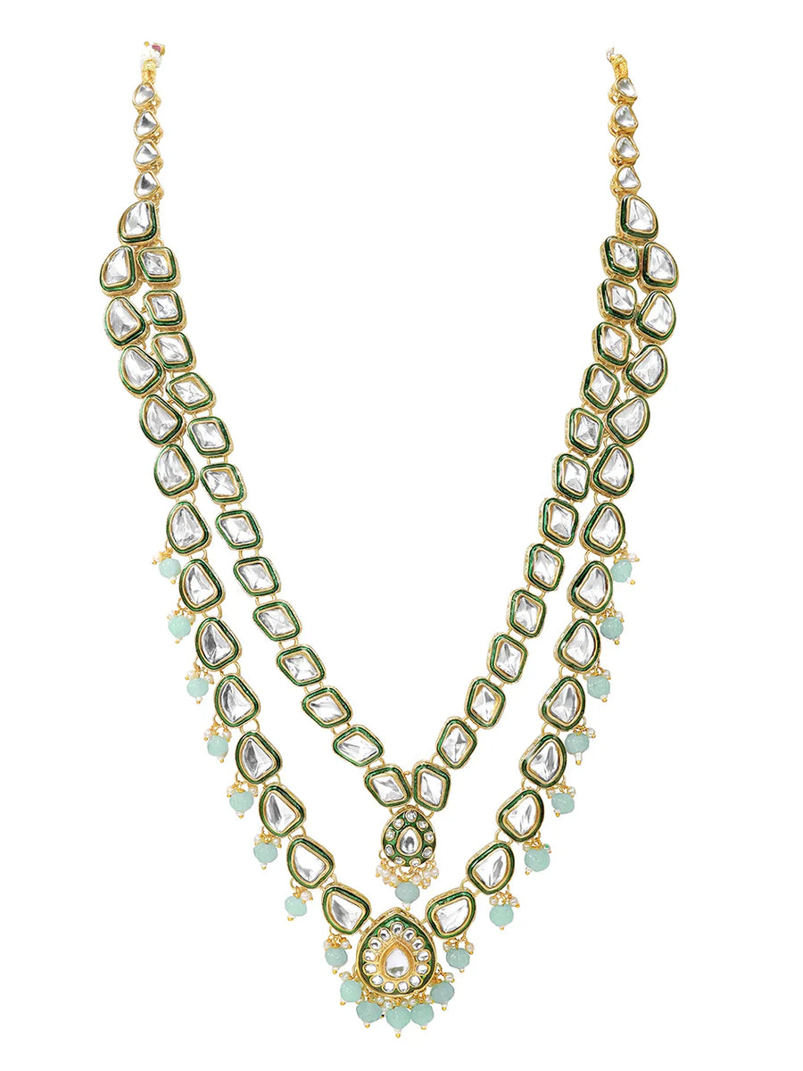 Gold Plated Mint Kundan Layered Necklace Set