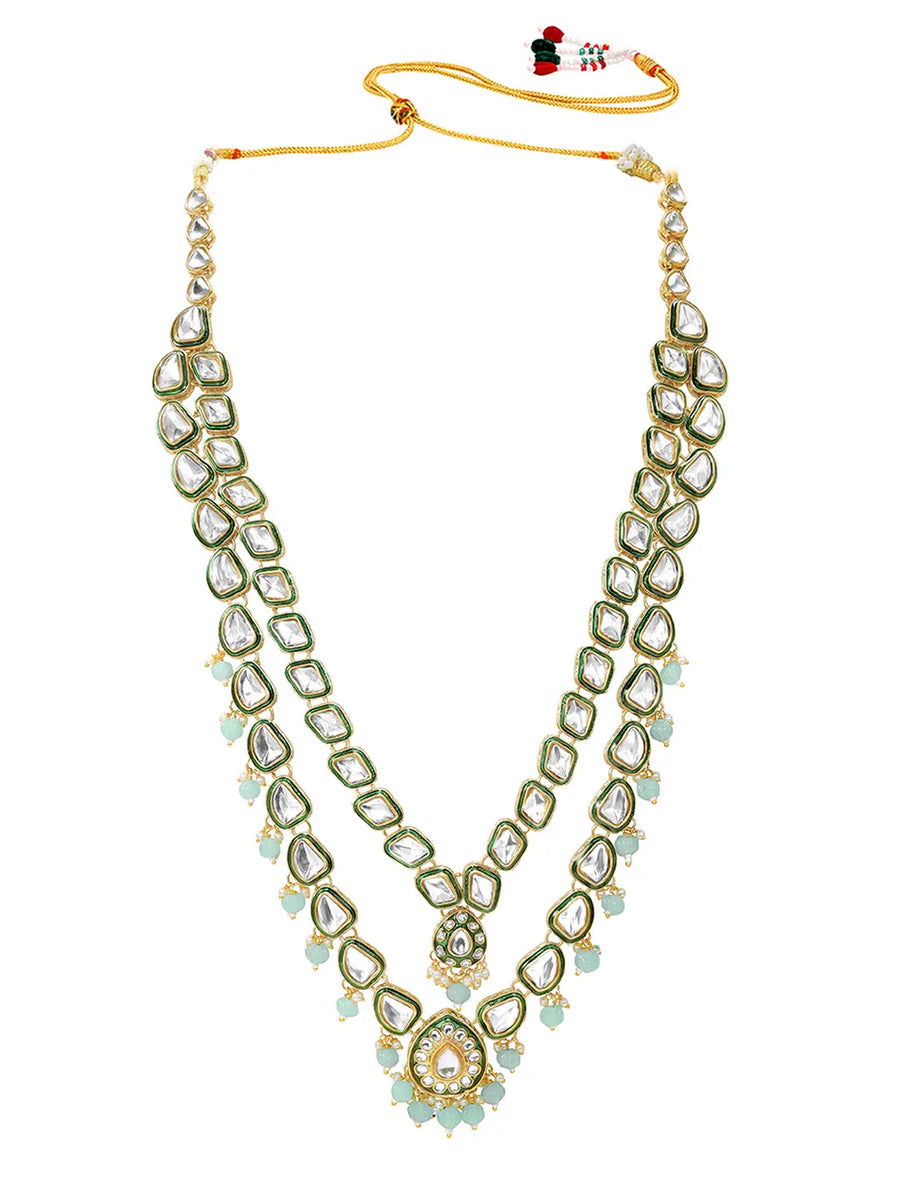 Gold Plated Mint Kundan Layered Necklace Set