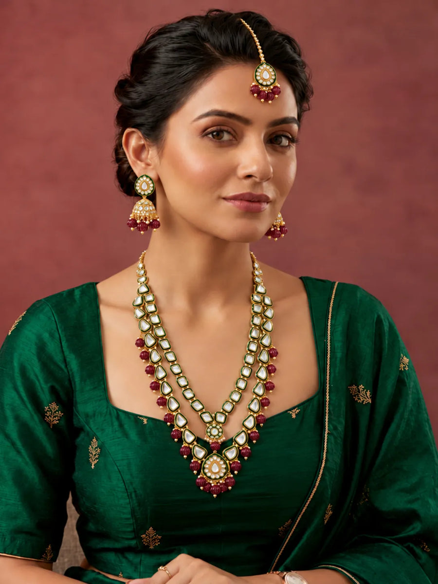 Gold Plated Green Kundan Maroon Bead Necklace Set