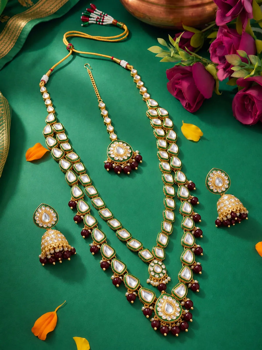 Gold Plated Green Kundan Maroon Bead Necklace Set