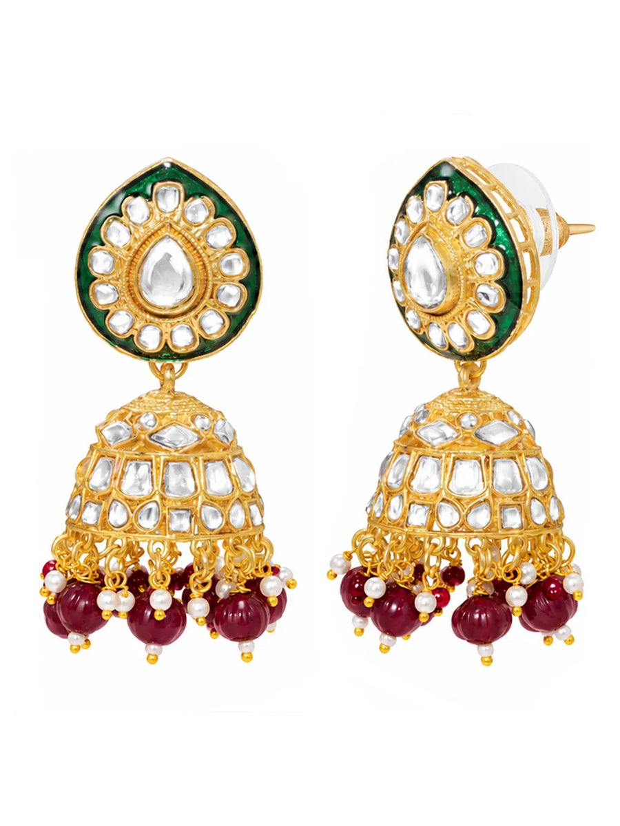 Gold Plated Green Kundan Maroon Bead Necklace Set