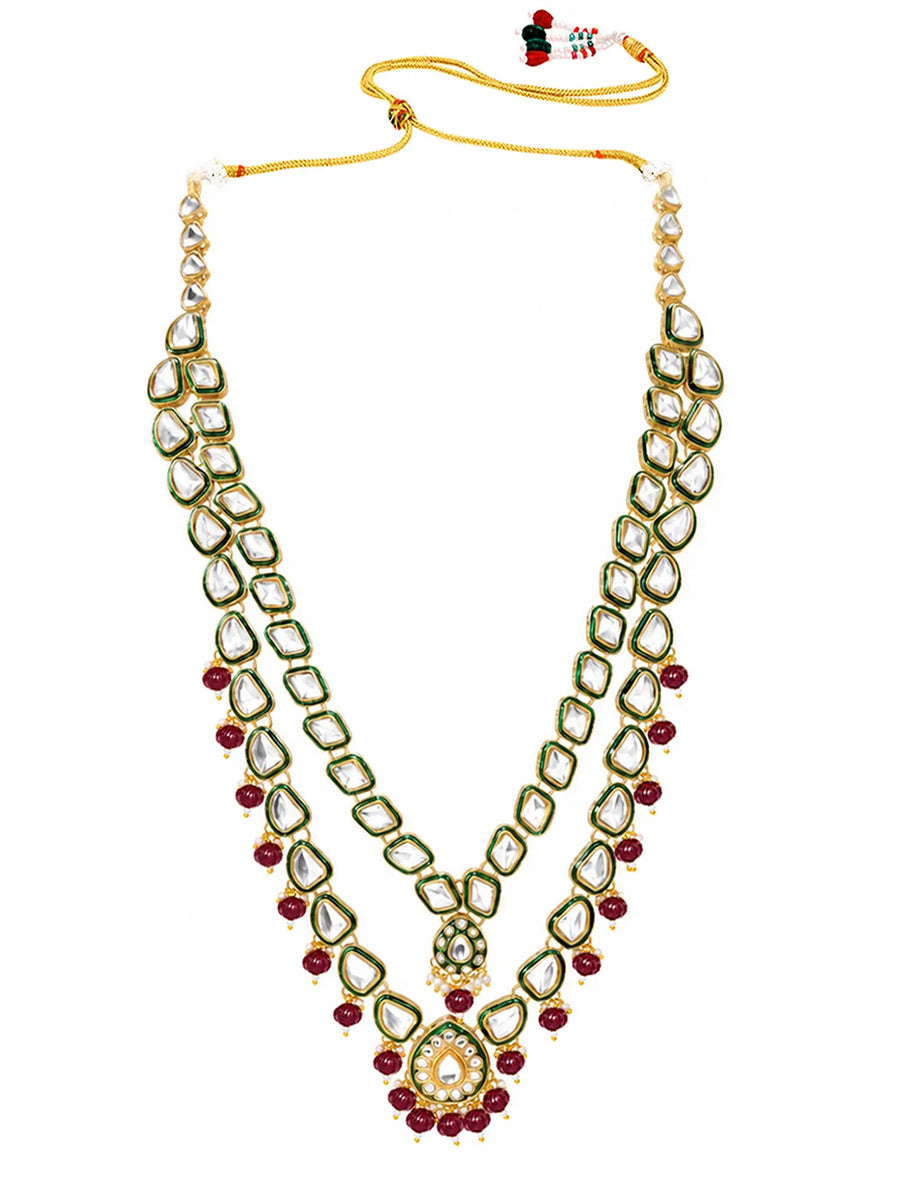 Gold Plated Green Kundan Maroon Bead Necklace Set