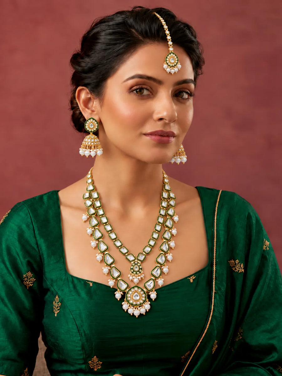 Gold Plated Green Kundan Pearl Layered Set